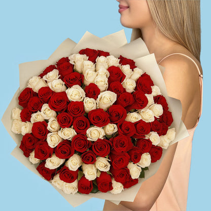 100 White and Red Roses from Kenya
