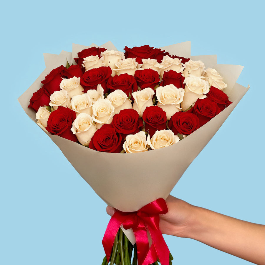 100 White and Red Roses from Kenya